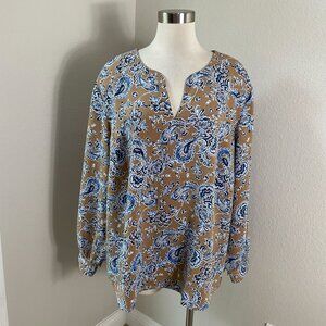 J Jill Wearever Womens Plus 3X Paisley Tunic Top Split V Neck Long Sleeve Shirt